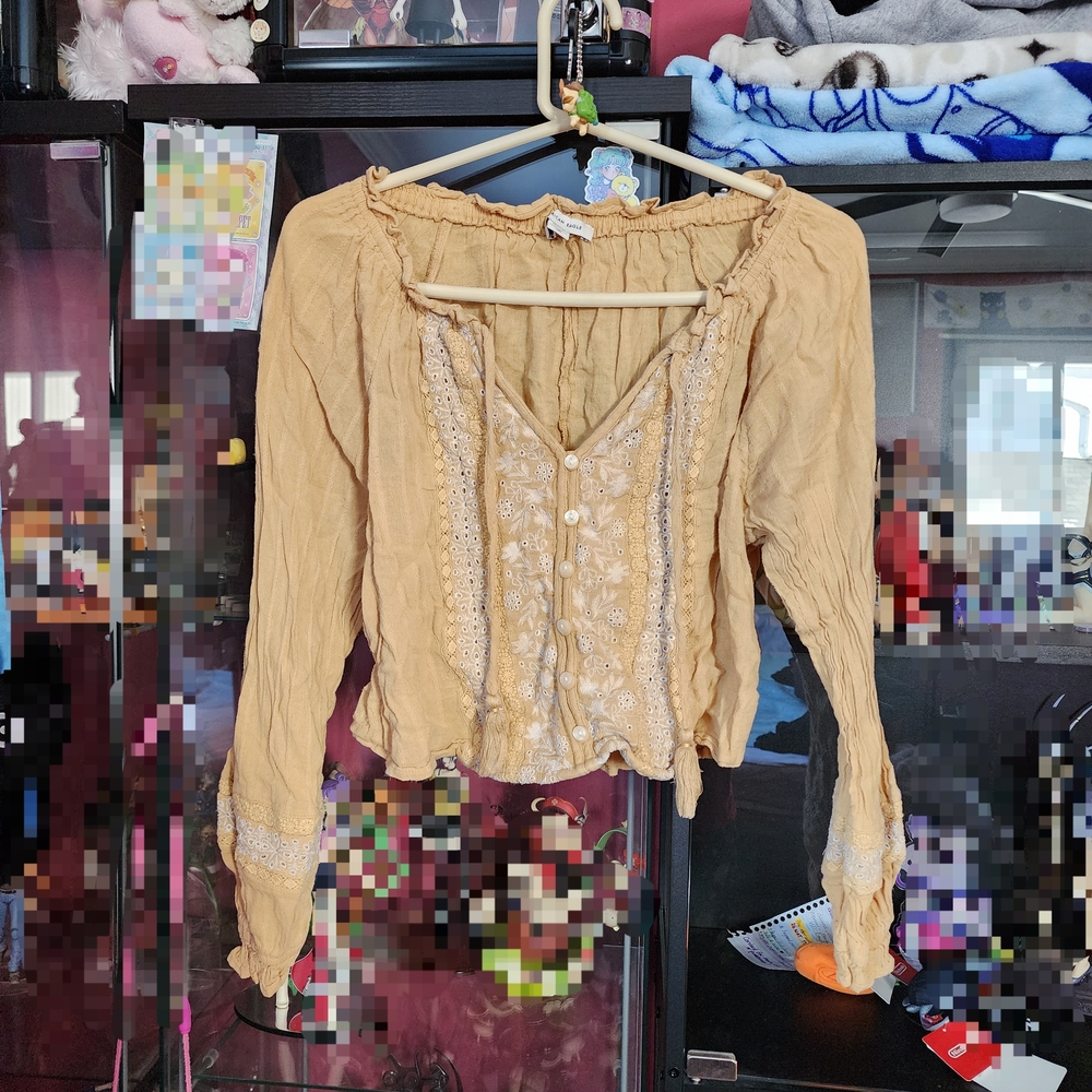 American Eagle Outfitters Yellow & Cream Embroidered & Lace Crop Top